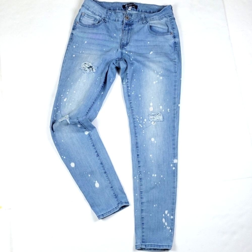 Boom Boom Jeans Light Wash Paint Splatter Distressed Ripped Mid Rise Ski…